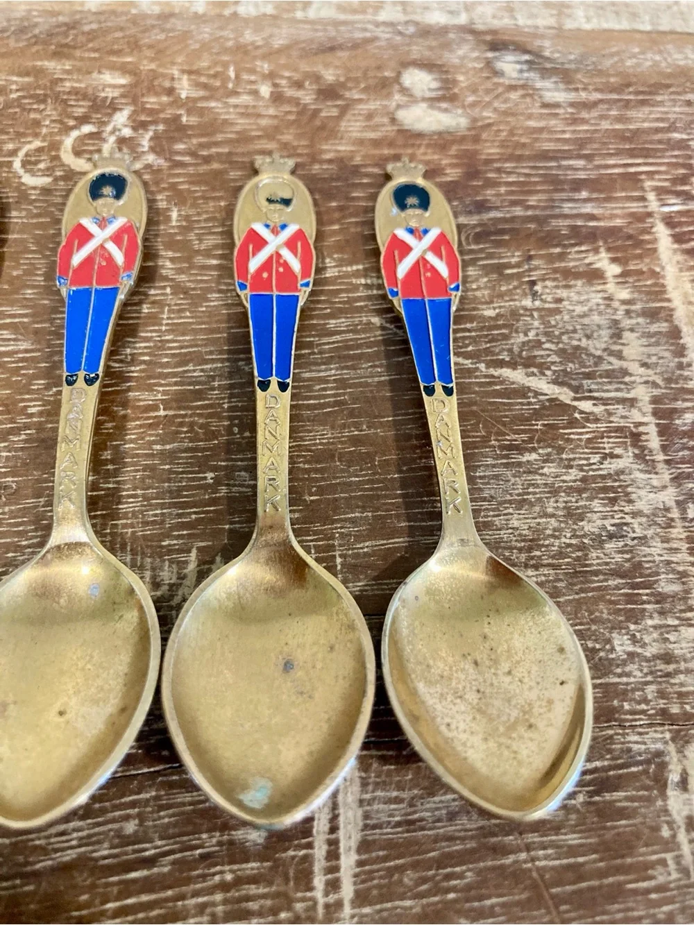 5 Vintage Gold Plated Souvenir Demitasse Spoons Denmark Soldiers